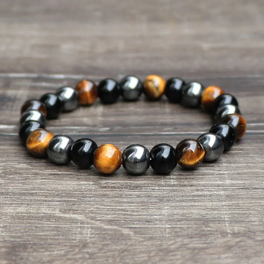 Bracelet énergétique en Obsidienne Noire, Hématite et Œil de Tigre