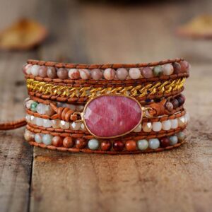 Bracelet : rhodonite et cuir