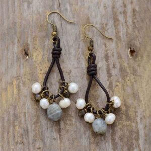 Boucles d'oreilles : labradorite et cuir