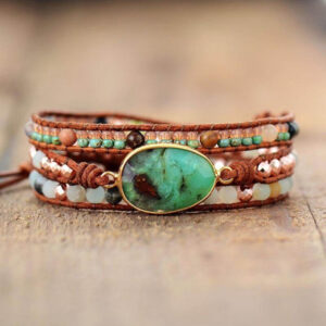 Bracelet : jade, amazonite et cuir
