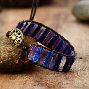 Bracelet Zia : lapis-lazuli, améthyste et cuir