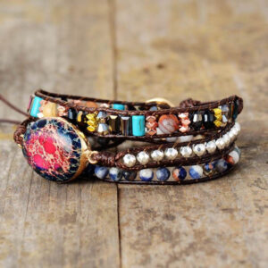 Bracelet : jaspe, tourmaline rose et cuir