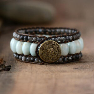 Bracelet : amazonite, labradorite grise et cuir