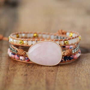 Bracelet : quartz rose et cuir