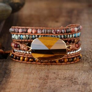 Bracelet : oeil de tigre, jaspe et cuir