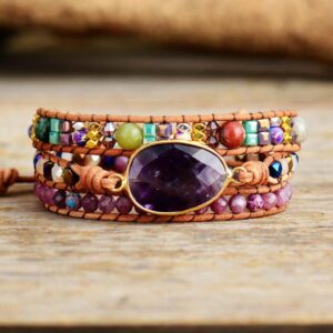 Bracelet Maya : améthyste et cuir