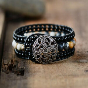 Bracelet : onyx, jaspe et cuir
