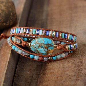 Bracelet : turquoise, jaspe et cuir