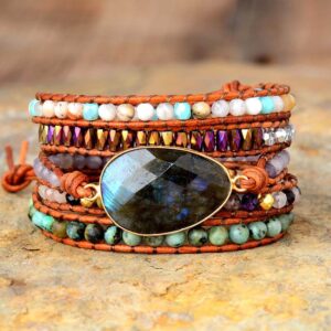 Bracelet : labradorite, jaspe et cuir