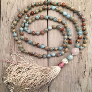 Mala : amazonite, quartz rose et jaspe