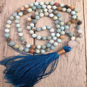 Mala : amazonite et quartz rose